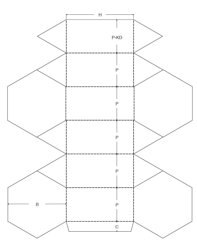 Faltschachtel Verpackung ECMA C4010 Sechseckschachtel Boden und Deckel gedoppelt technische Zeichnung